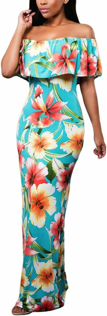 Happy Sailed Womens Summer Off The Shoulder Ruffle Floral Printed Hawaiian Long Beach Maxi Dress