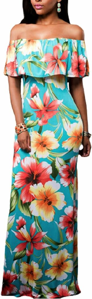 Happy Sailed Womens Summer Off The Shoulder Ruffle Floral Printed Hawaiian Long Beach Maxi Dress