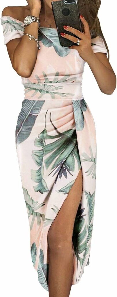 Sidefeel Womens Casual Off The Shoulder Floral Print Ruched Bodycon High Slit Evening Party Dresses