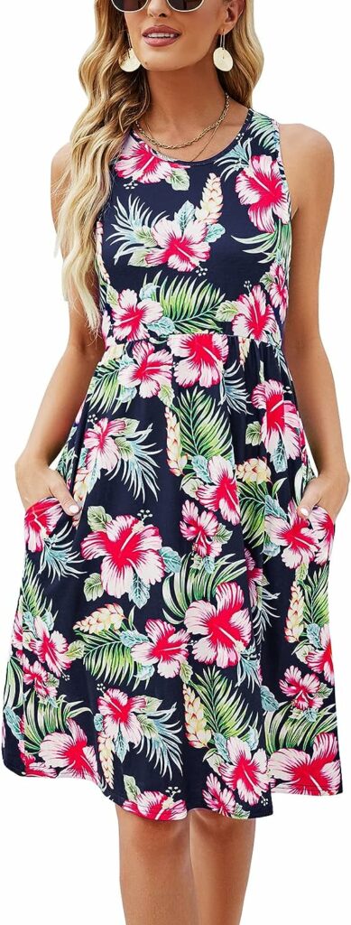 Supnier Women Summer Sleeveless Floral Print Racerback Midi Sun Dresses with Pocket