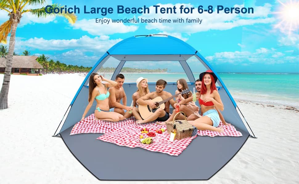 Gorich Beach Tent, Beach Shade Tent for 3/4-5/6-7/8-10 Person with UPF 50+ UV Protection, Portable Beach Tent Sun Shelter Canopy, Lightweight  Easy Setup Cabana Beach Tent