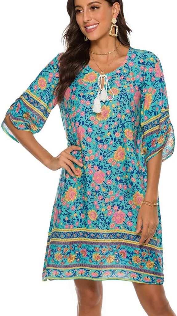 Halife Womens Vintage Ethnic Style Printed Tassel Tie Neck Loose Fit Bohemian Tunic Dress