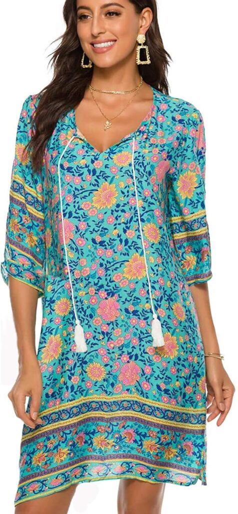 Halife Womens Vintage Ethnic Style Printed Tassel Tie Neck Loose Fit Bohemian Tunic Dress