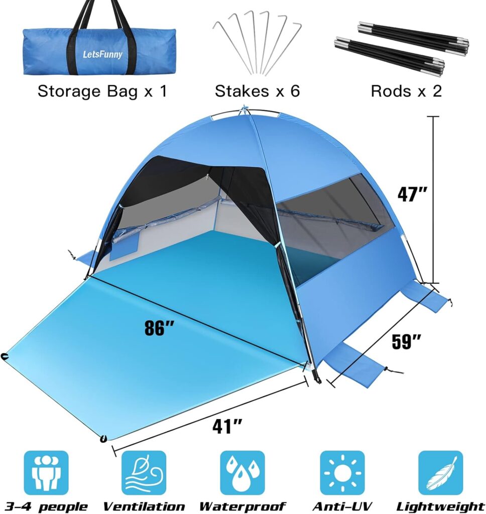 Large Easy Setup Beach Tent,Anti-UV Shelter Canopy Sun Shade with Extended Floor  3 Mesh Roll Up Windows Fits 3-4 Person,Portable Shade Tent for Outdoor Camping Fishing (Blue)