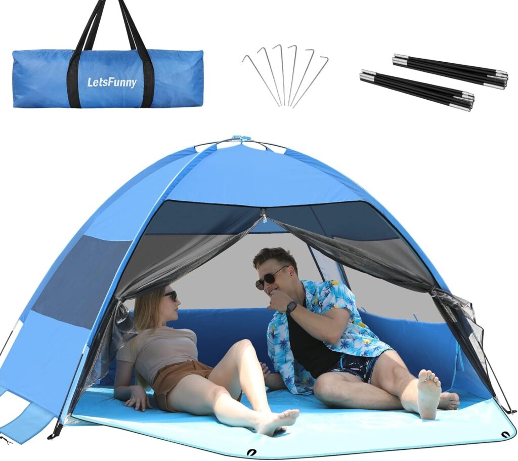 Large Easy Setup Beach Tent,Anti-UV Shelter Canopy Sun Shade with Extended Floor  3 Mesh Roll Up Windows Fits 3-4 Person,Portable Shade Tent for Outdoor Camping Fishing (Blue)