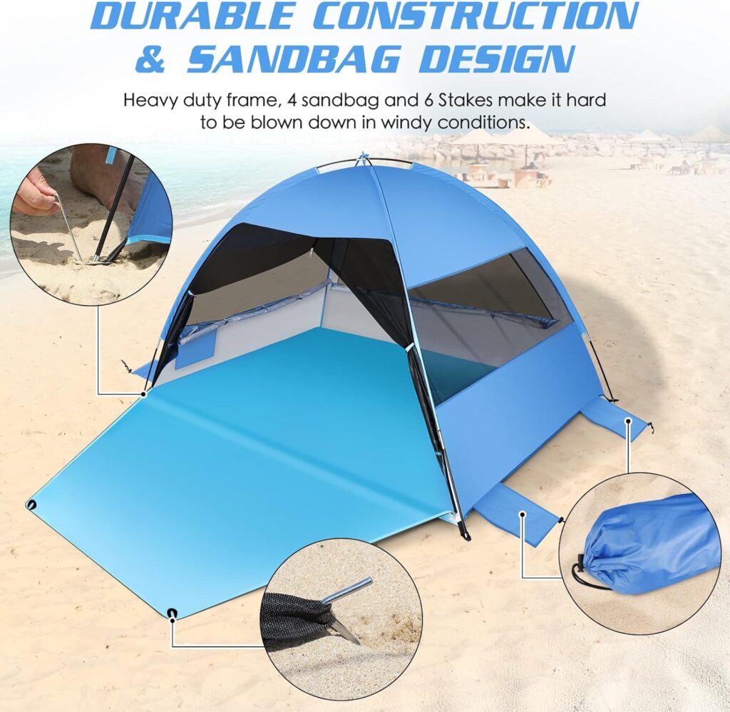 Large Easy Setup Beach Tent,Anti-UV Shelter Canopy Sun Shade with Extended Floor  3 Mesh Roll Up Windows Fits 3-4 Person,Portable Shade Tent for Outdoor Camping Fishing (Blue)