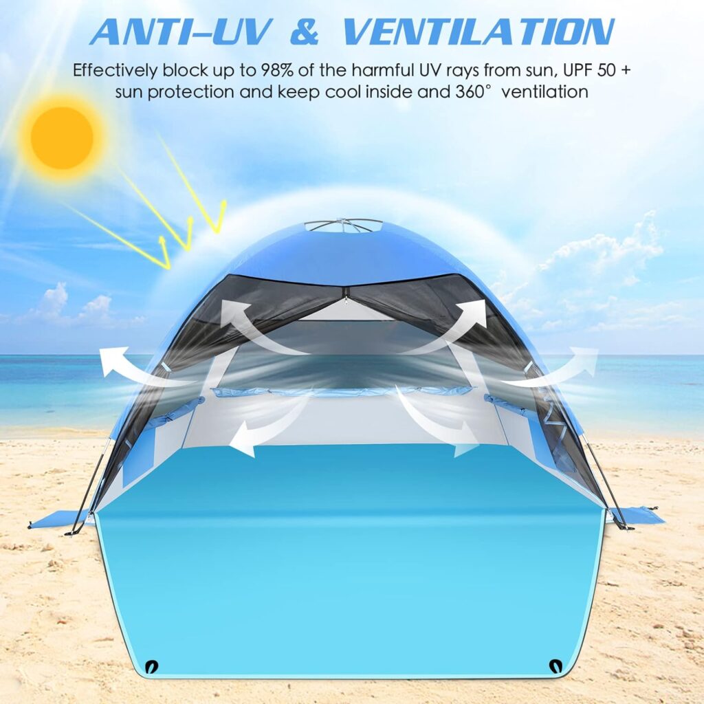 Large Easy Setup Beach Tent,Anti-UV Shelter Canopy Sun Shade with Extended Floor  3 Mesh Roll Up Windows Fits 3-4 Person,Portable Shade Tent for Outdoor Camping Fishing (Blue)