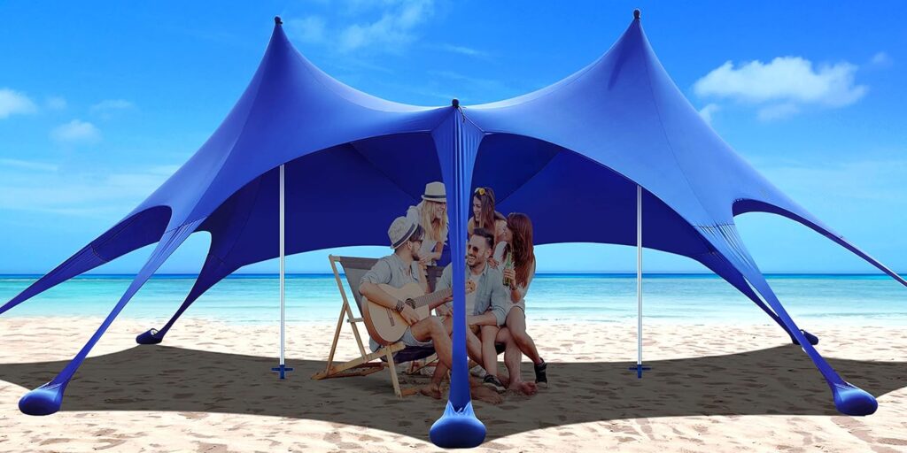 Osoeri Beach Tent, 20 x 13ft Camping Sun Shelter UPF50+ with 8 Sandbags, Sand Shovels, Ground Pegs  Stability Poles, Shade Canopy for Trips, Fishing, Backyard Fun or Picnics, Blue, (OS-SS02)