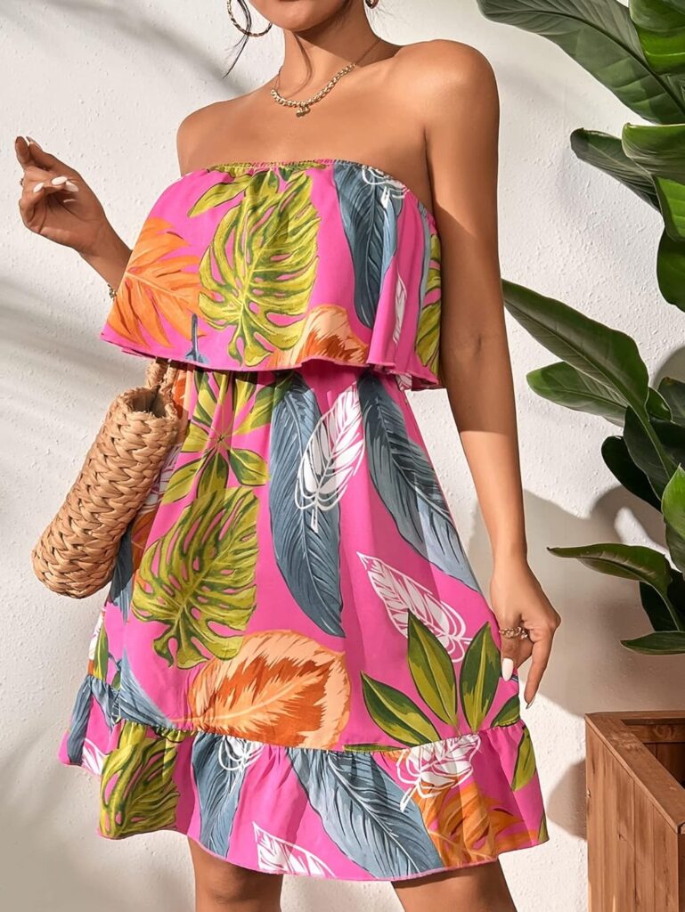 Womens Floral Summer Beach Casual Sun Dresses Tropical Leaf Print Sleeveless Ruffle Hem Tube Mini Dress