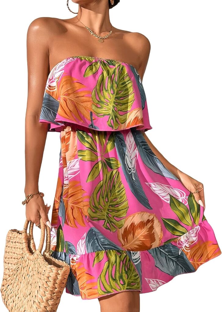 Womens Floral Summer Beach Casual Sun Dresses Tropical Leaf Print Sleeveless Ruffle Hem Tube Mini Dress