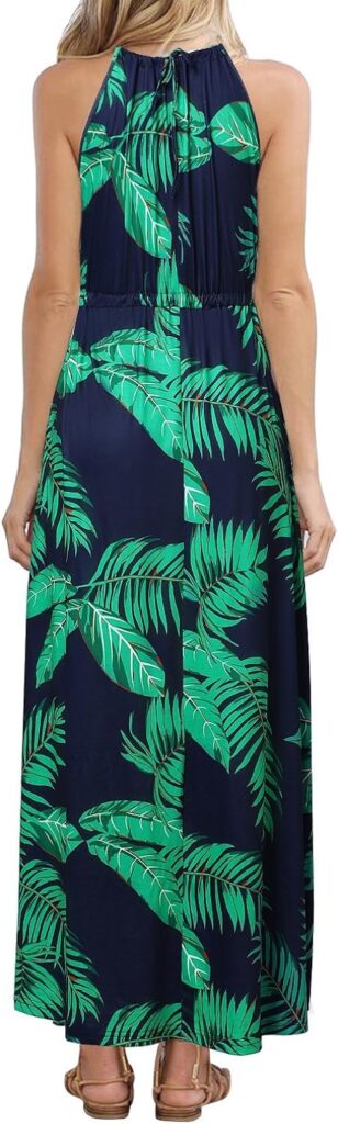 Womens Sleeveless V Neck Spaghetti Strap Pockets Beach Boho Tropical Summer Maxi Dress