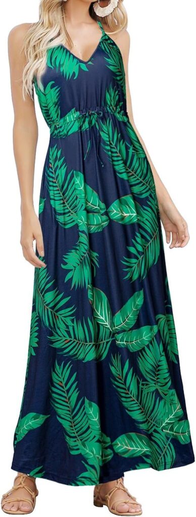 Womens Sleeveless V Neck Spaghetti Strap Pockets Beach Boho Tropical Summer Maxi Dress