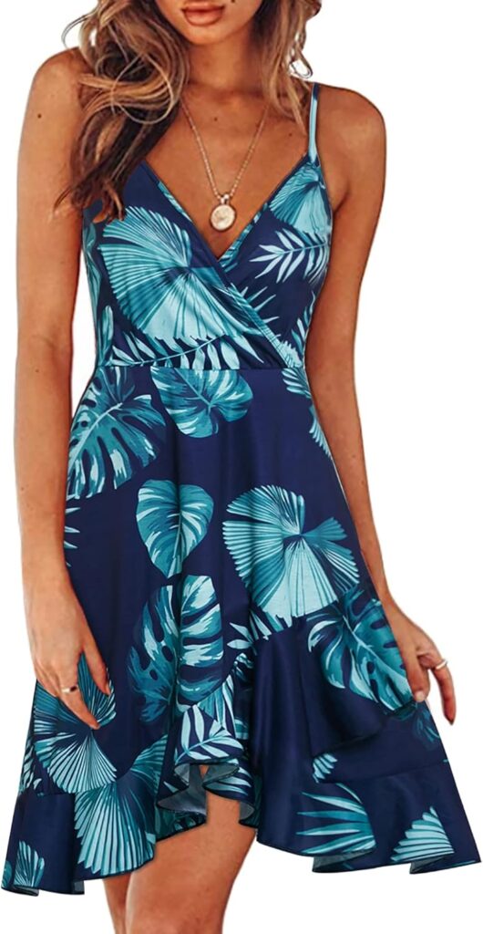 Womens Summer Floral Wrap V Neck Adjustable Spaghetti Casual Ruffle Dress