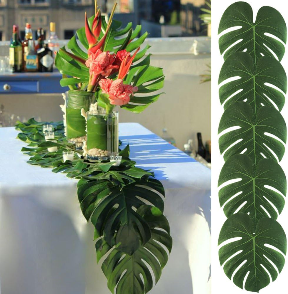 AerWo 14 Artificial Tropical Palm Leaves, 48PCS Extra Large Safari Leaves Monstera Fake Leaves for Safari Birthday Wedding Hawaiian Luau Jungle Summer Party Tropical Baby Shower Table Decorations