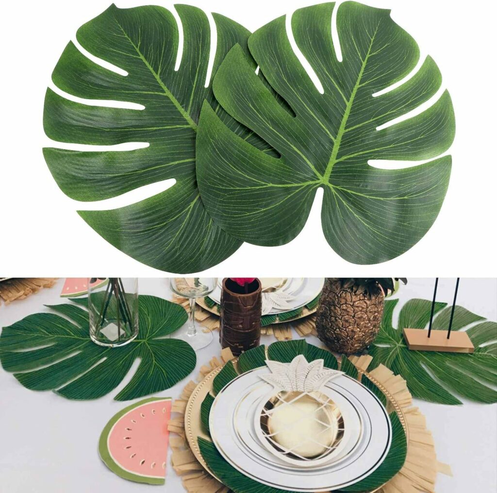 AerWo 14 Artificial Tropical Palm Leaves, 48PCS Extra Large Safari Leaves Monstera Fake Leaves for Safari Birthday Wedding Hawaiian Luau Jungle Summer Party Tropical Baby Shower Table Decorations