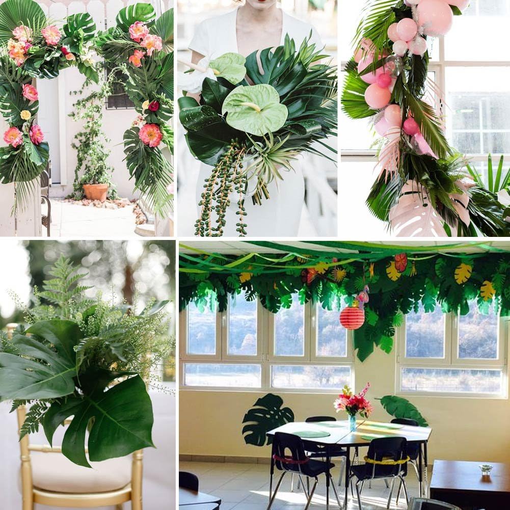 AerWo 14 Artificial Tropical Palm Leaves, 48PCS Extra Large Safari Leaves Monstera Fake Leaves for Safari Birthday Wedding Hawaiian Luau Jungle Summer Party Tropical Baby Shower Table Decorations