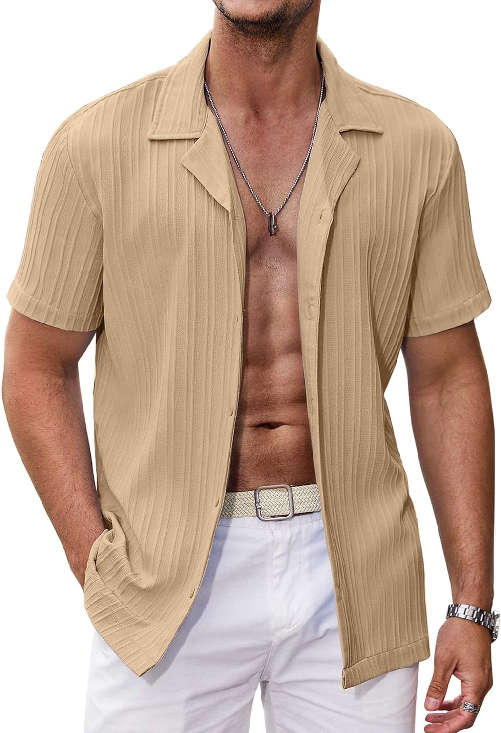 COOFANDY Mens Casual Shirts Short Sleeve Button Down Shirts Fashion Textured Summer Beach Shirt