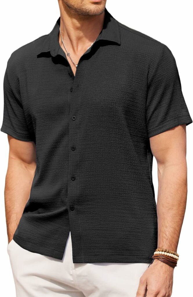 COOFANDY Mens Casual Short Sleeve Button Down Shirt Textured Summer Beach Shirt