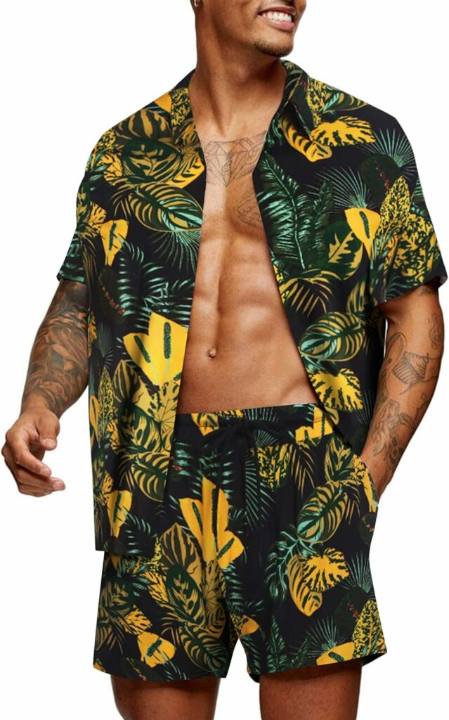 COOFANDY Mens Hawaiian Matching Set Summer Beach 2 Piece Outfits Flower Shirts and Shorts