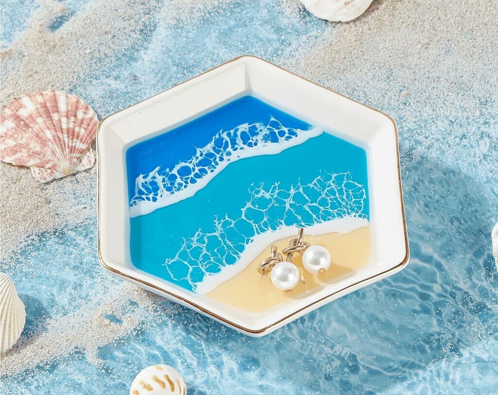 Ocean Jewelry Trinket Ring Dish Tray, Coastal Beach Room Decor, Hawaiian Beach Ocean Gifts for Women, Ceramic Handmade Resin Engagement Wedding Ring Holder Plate, Birthday Mothers Day