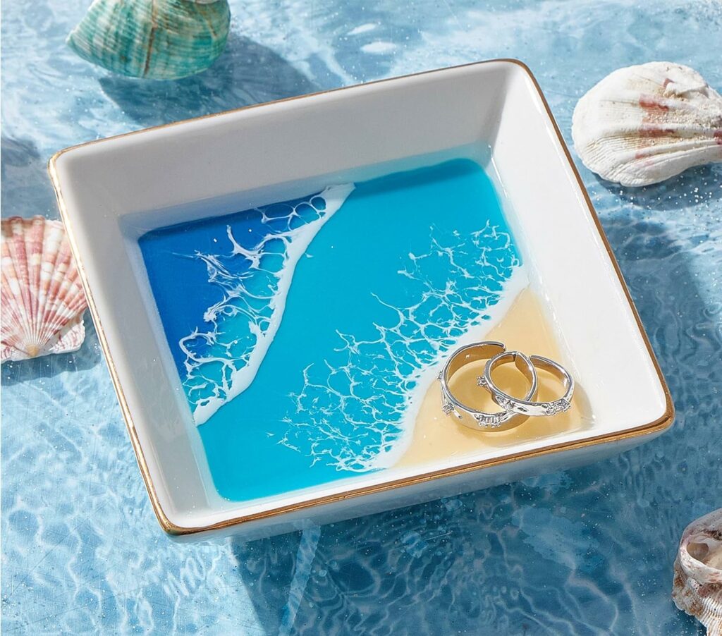 Ocean Jewelry Trinket Ring Dish Tray, Coastal Beach Room Decor, Hawaiian Beach Ocean Gifts for Women, Ceramic Handmade Resin Engagement Wedding Ring Holder Plate, Birthday Mothers Day