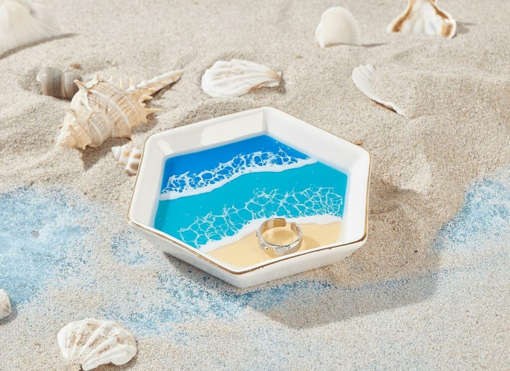 Ocean Jewelry Trinket Ring Dish Tray, Coastal Beach Room Decor, Hawaiian Beach Ocean Gifts for Women, Ceramic Handmade Resin Engagement Wedding Ring Holder Plate, Birthday Mothers Day