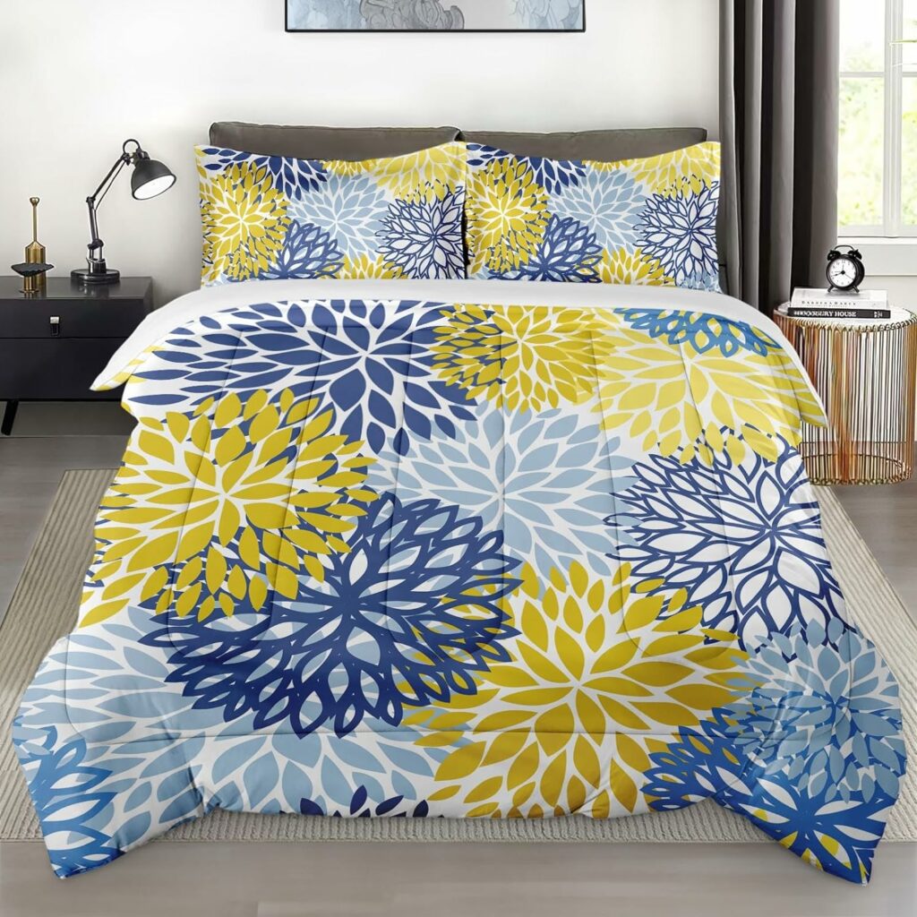 Pamnest Comforter Set Queen Size, Spring Floral Navy Blue Soft Bedding Set for Kids and Adults, Grey Yellow Flower Green Comforter Set with 2 Pillowcases, for Bedroom Bed Decor