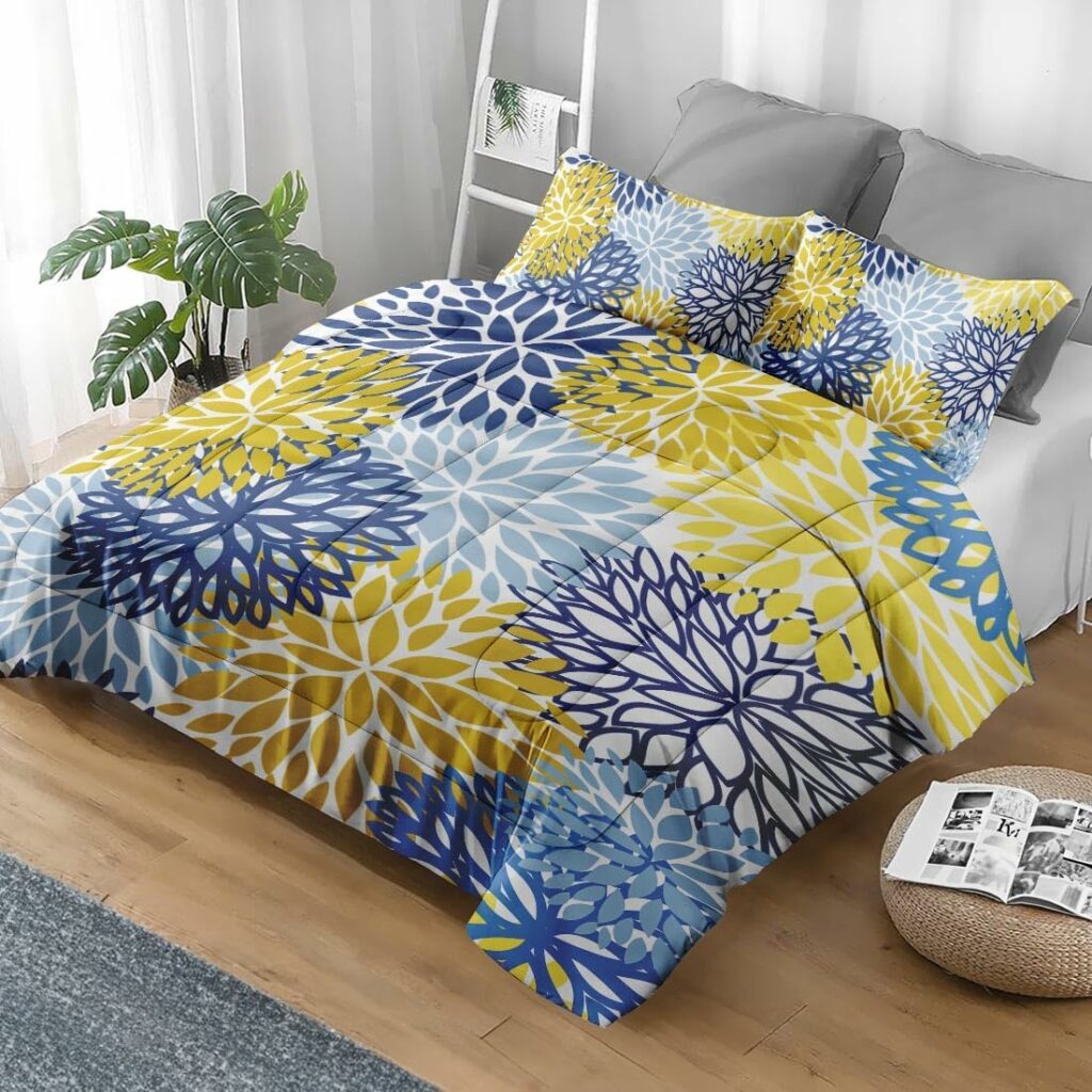 Pamnest Comforter Set Queen Size, Spring Floral Navy Blue Soft Bedding Set for Kids and Adults, Grey Yellow Flower Green Comforter Set with 2 Pillowcases, for Bedroom Bed Decor