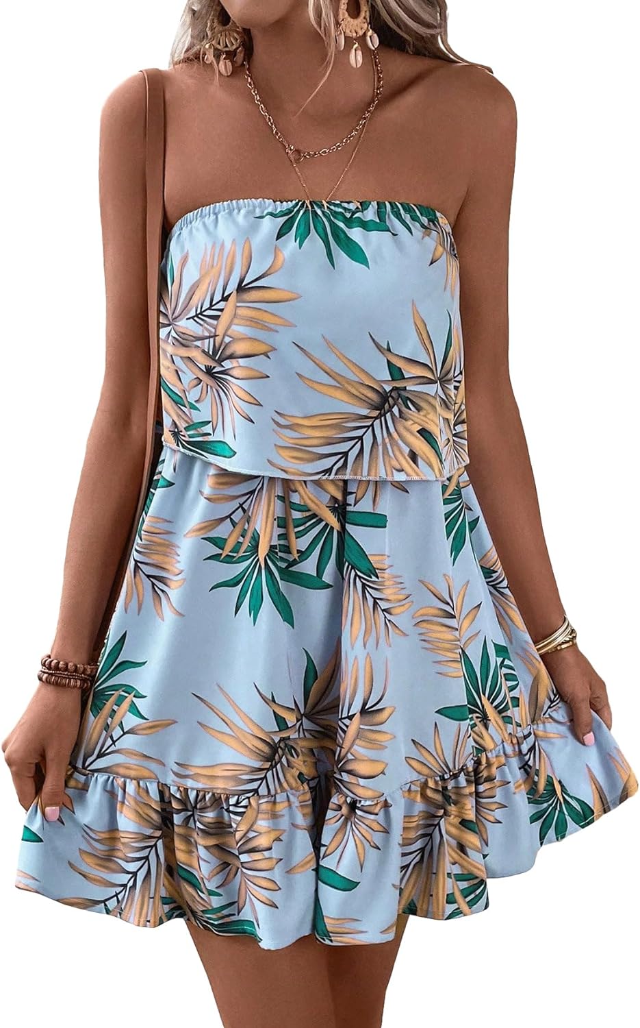 SOLY HUX Womens Floral Summer Beach Casual Sun Dresses Tropical Leaf Print Sleeveless Ruffle Hem Tube Mini Dress