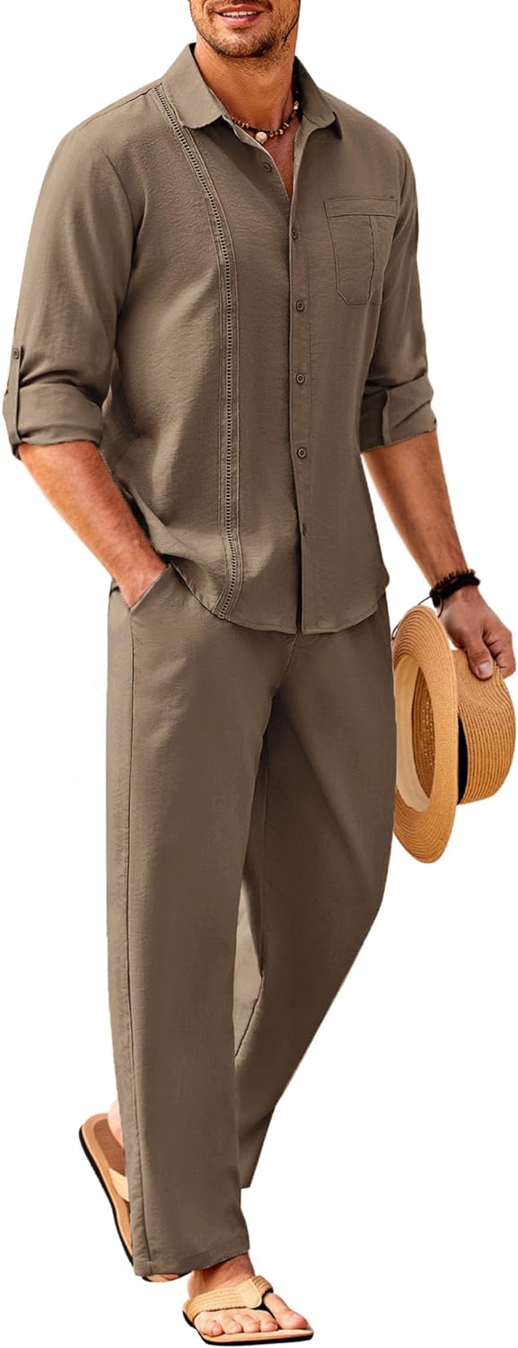 COOFANDY Mens 2 Piece Linen Sets Casual Long Sleeve Button Down Cuban Shirt and Loose Pants Set Beach Vacation Outfits