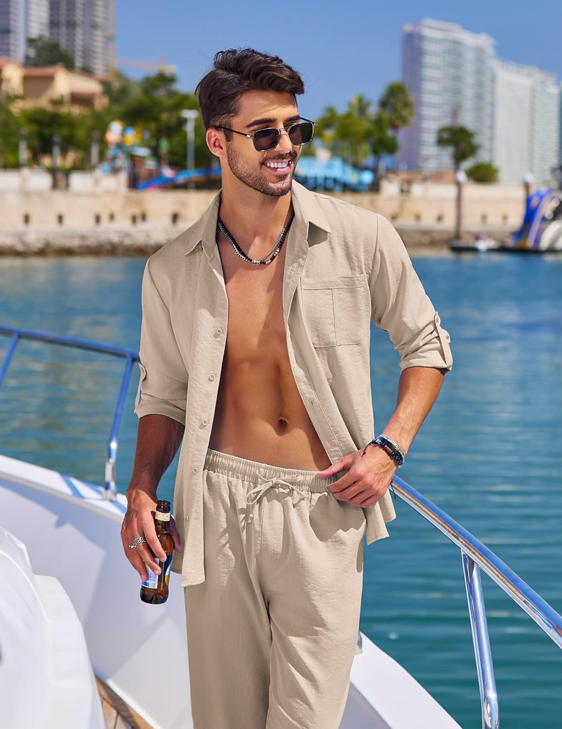 COOFANDY Mens 2 Piece Linen Sets Casual Long Sleeve Button Down Cuban Shirt and Loose Pants Set Beach Vacation Outfits