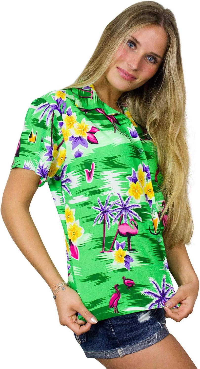 Funky Casual Hawaiian Blouse Shirt for Women Front Pocket Button Down Very Loud Shortsleeve Small Flower Print