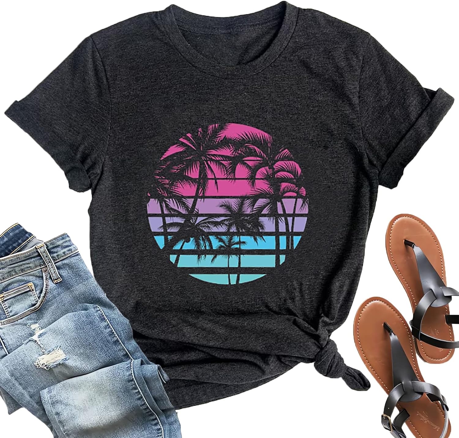 Hawaiian Shirts for Women Palm Trees Graphic Tees Summer Beach Vacation Tops Short Sleeve Casual Tshirt