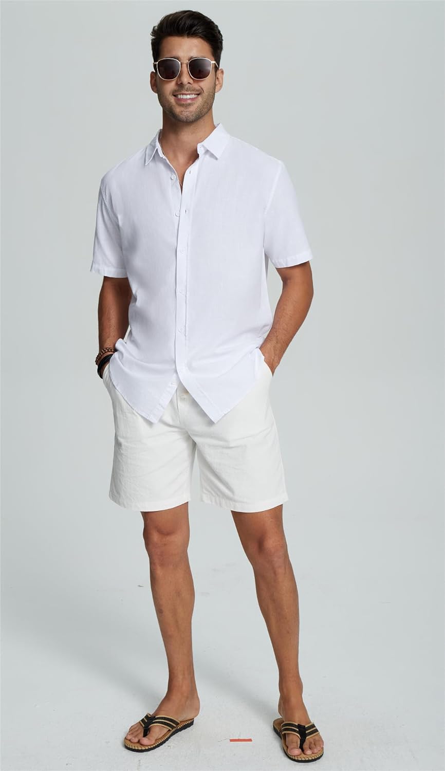 JEKAOYI Mens Casual Linen Button Down Short Sleeve Shirts Beach Summer Spread Collar Pocket Tops