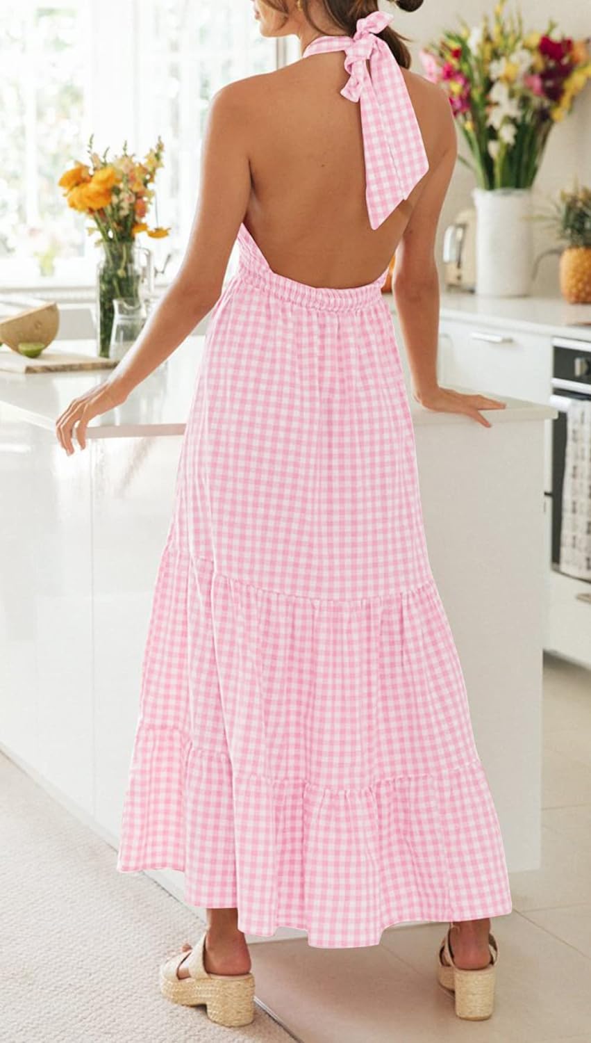 ZESICA Womens Summer Crossover Halter Neck Sleeveless Plaid Cut Out Backless Flowy A Line Maxi Dress